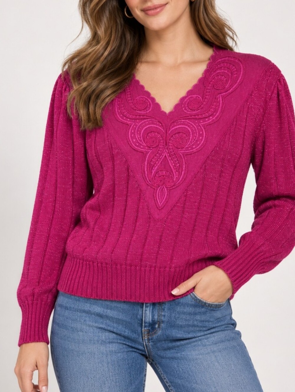 Suzelle Vintage Magenta Embroidered Ribbed Knit Sweater 80s Long Sleeve Padded